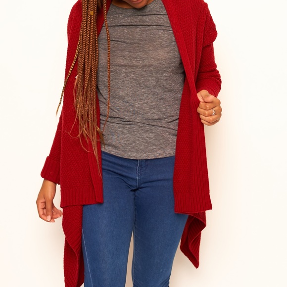 thick red cardigan
